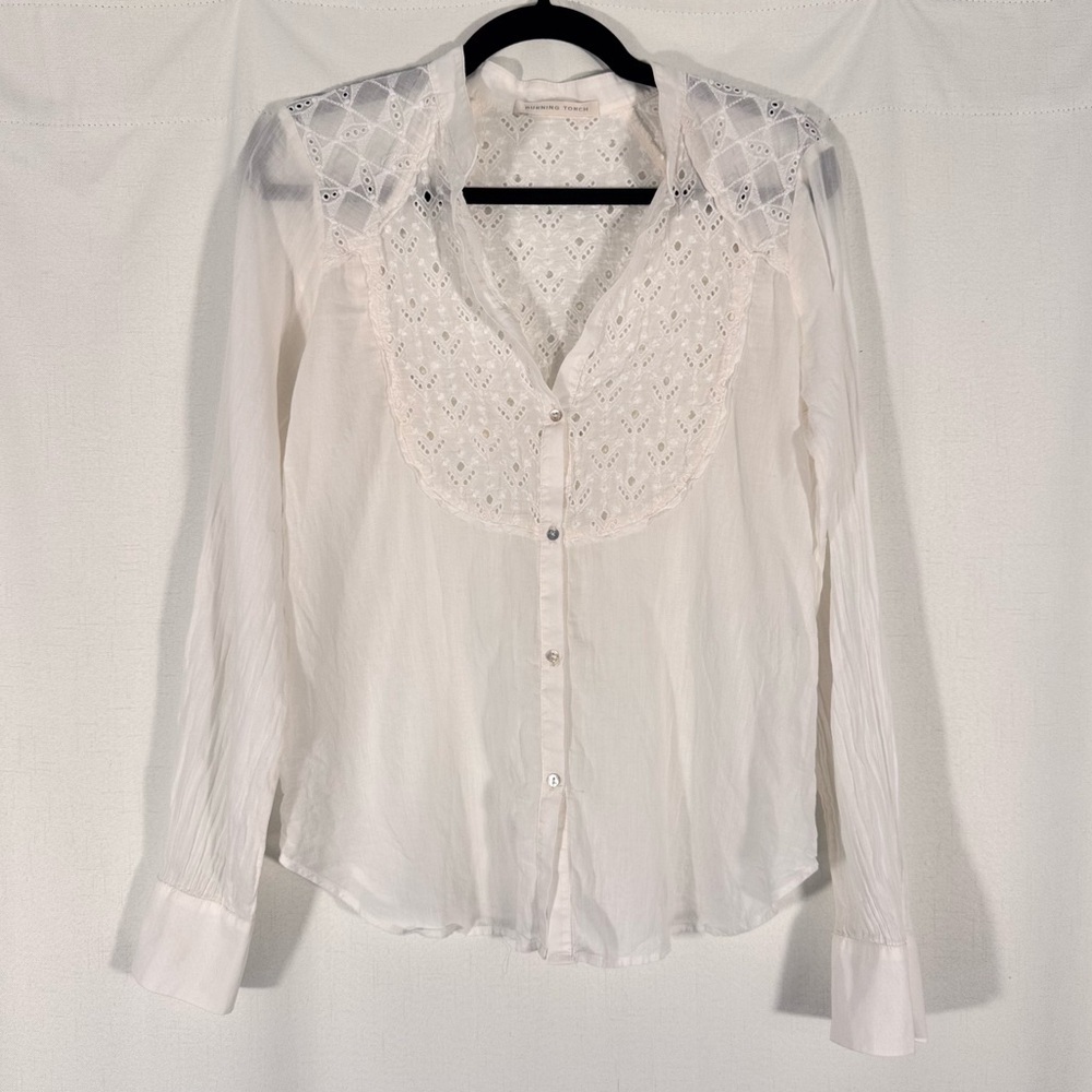 Burning Torch White Cotton Eyelet Button Down Blouse